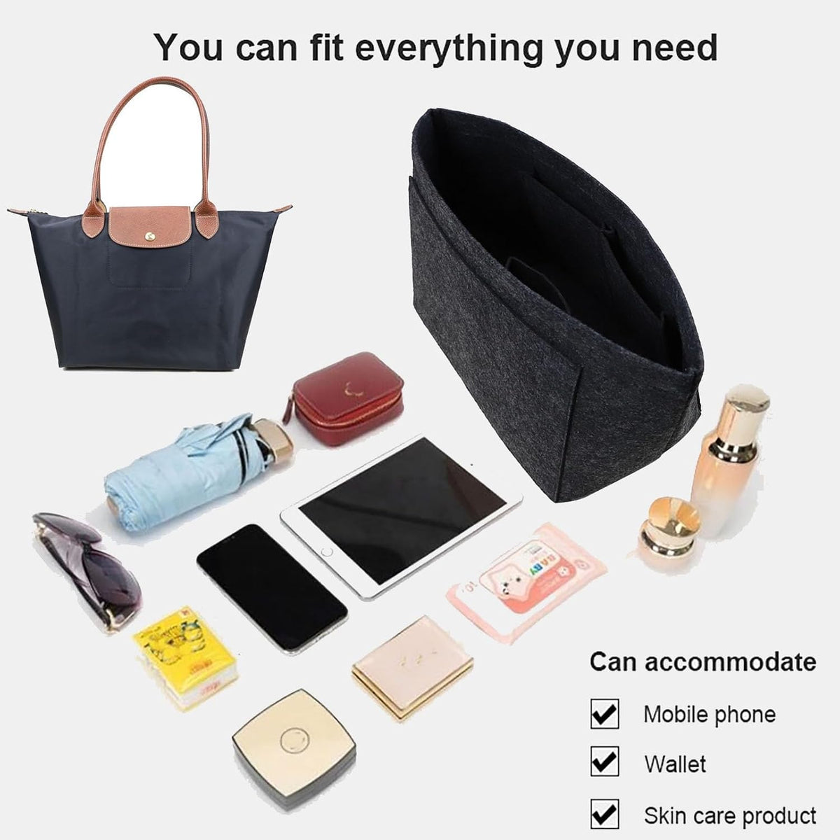 Purse Organizer Insert for longchamp(Small) shor thandle Handbags Organizer 1012Beige-S