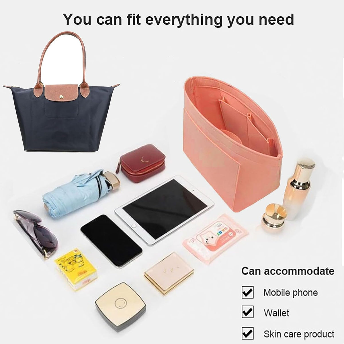 Purse Organizer Insert for longchamp(Small) shor thandle Handbags Organizer 1012Beige-S