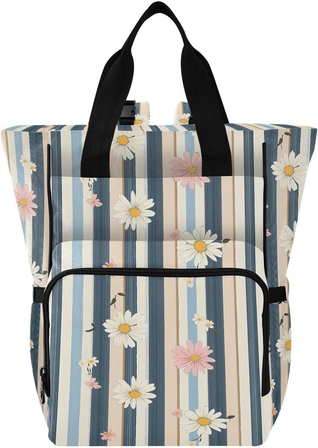Diaper Bag Backpack, Multifunction Travel Bag for Moms Dads, Baby Changing Bag with Insulted Pockets, Stroller Straps and Side Bottle Pockets Striped Floral Pattern