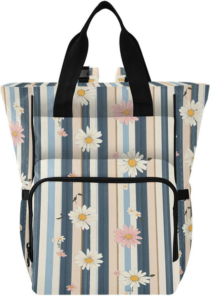 Diaper Bag Backpack, Multifunction Travel Bag for Moms Dads, Baby Changing Bag with Insulted Pockets, Stroller Straps and Side Bottle Pockets Striped Floral Pattern