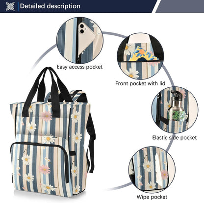 Diaper Bag Backpack, Multifunction Travel Bag for Moms Dads, Baby Changing Bag with Insulted Pockets, Stroller Straps and Side Bottle Pockets Striped Floral Pattern