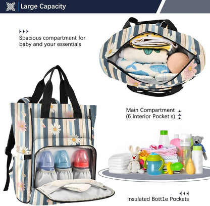 Diaper Bag Backpack, Multifunction Travel Bag for Moms Dads, Baby Changing Bag with Insulted Pockets, Stroller Straps and Side Bottle Pockets Striped Floral Pattern