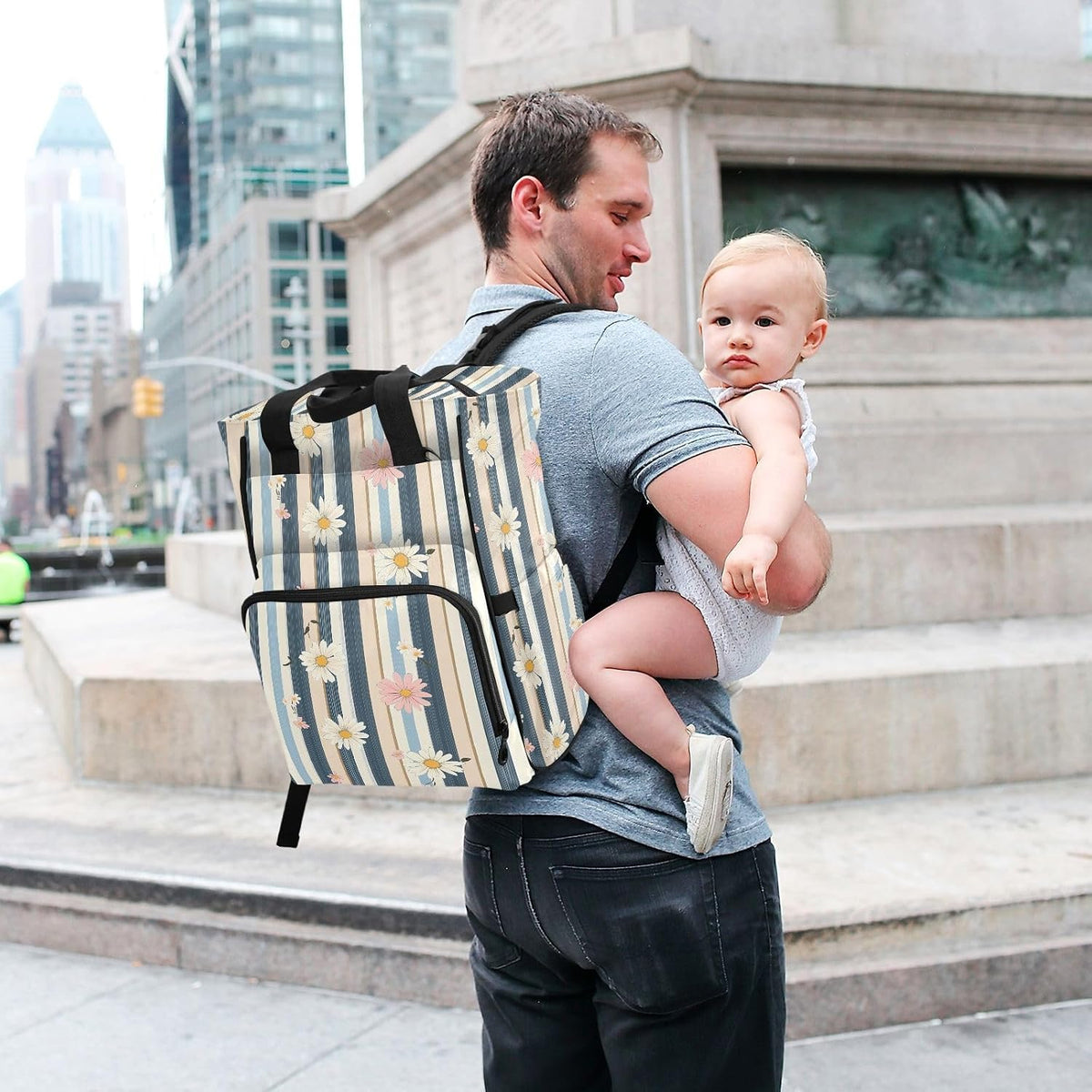 Diaper Bag Backpack, Multifunction Travel Bag for Moms Dads, Baby Changing Bag with Insulted Pockets, Stroller Straps and Side Bottle Pockets Striped Floral Pattern