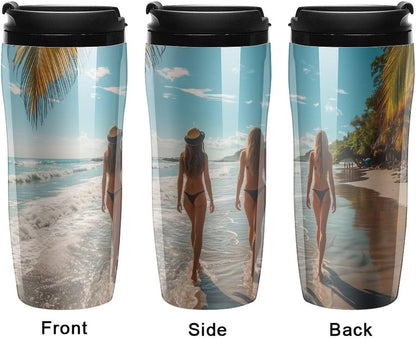 Clear Picture of A Wall with A Window with Flowers And A Bicycle Coffee Mug with Lid Flip Top Double Wall Plastic Coffee Cups Drinks Tumbler 350ml