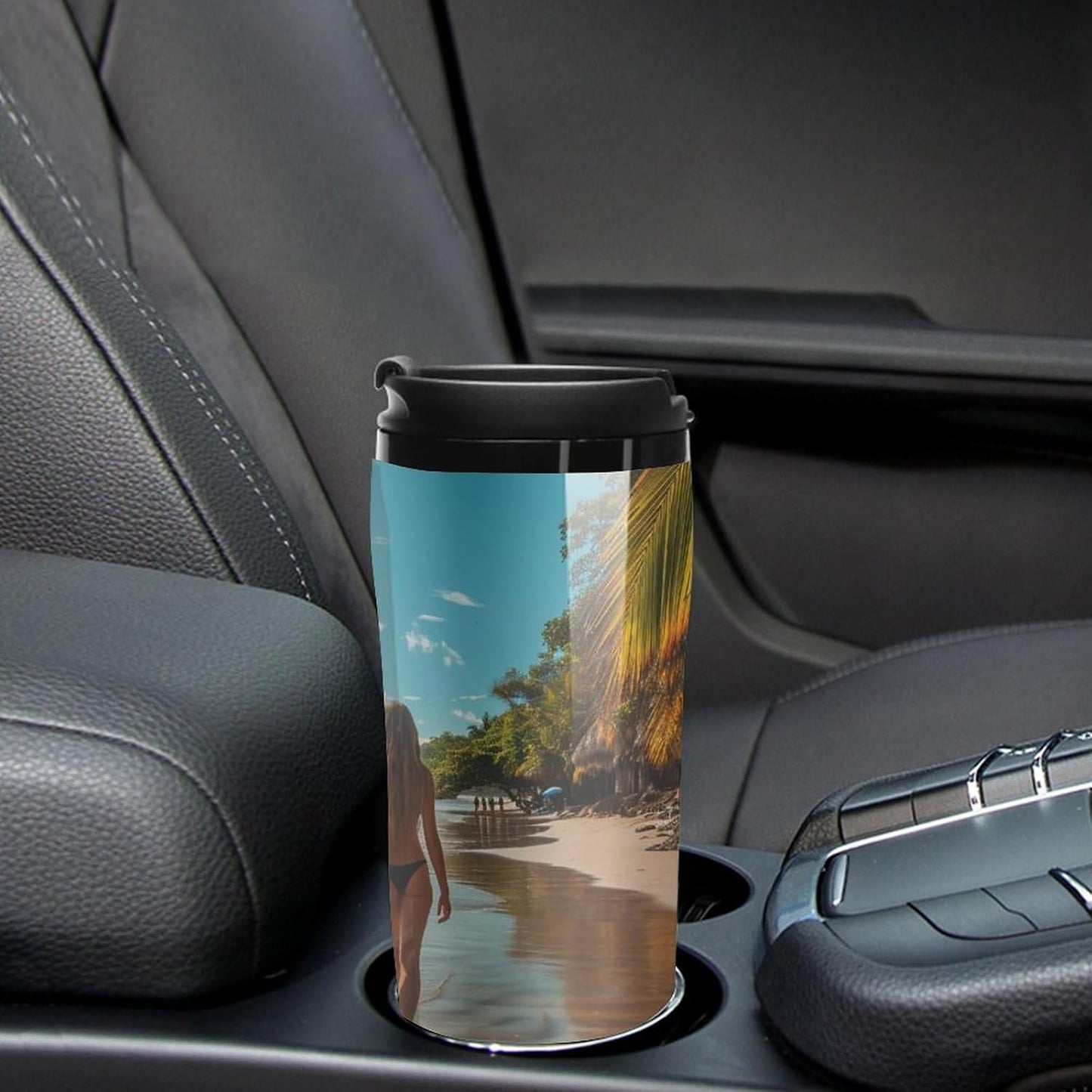 Clear Picture of A Wall with A Window with Flowers And A Bicycle Coffee Mug with Lid Flip Top Double Wall Plastic Coffee Cups Drinks Tumbler 350ml