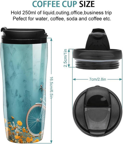 Clear Picture of A Wall with A Window with Flowers And A Bicycle Coffee Mug with Lid Flip Top Double Wall Plastic Coffee Cups Drinks Tumbler 350ml