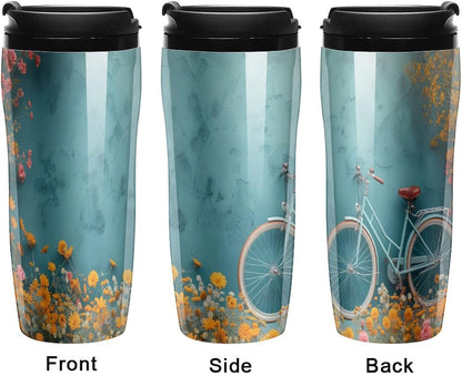 Clear Picture of A Wall with A Window with Flowers And A Bicycle Coffee Mug with Lid Flip Top Double Wall Plastic Coffee Cups Drinks Tumbler 350ml