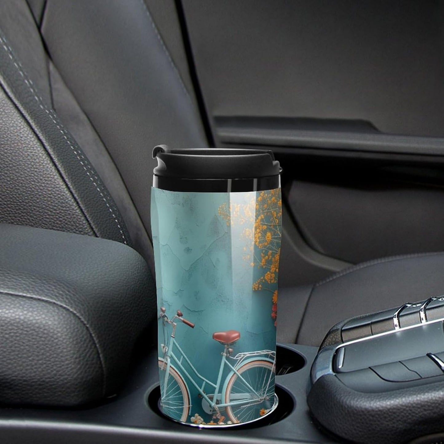 Clear Picture of A Wall with A Window with Flowers And A Bicycle Coffee Mug with Lid Flip Top Double Wall Plastic Coffee Cups Drinks Tumbler 350ml