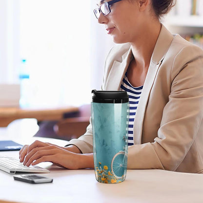 Clear Picture of A Wall with A Window with Flowers And A Bicycle Coffee Mug with Lid Flip Top Double Wall Plastic Coffee Cups Drinks Tumbler 350ml