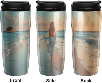 Clear Picture of A Wall with A Window with Flowers And A Bicycle Coffee Mug with Lid Flip Top Double Wall Plastic Coffee Cups Drinks Tumbler 350ml