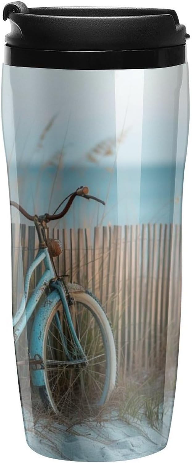 Clear Picture of A Wall with A Window with Flowers And A Bicycle Coffee Mug with Lid Flip Top Double Wall Plastic Coffee Cups Drinks Tumbler 350ml