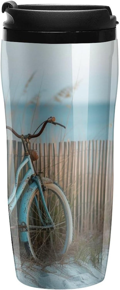 Clear Picture of A Wall with A Window with Flowers And A Bicycle Coffee Mug with Lid Flip Top Double Wall Plastic Coffee Cups Drinks Tumbler 350ml