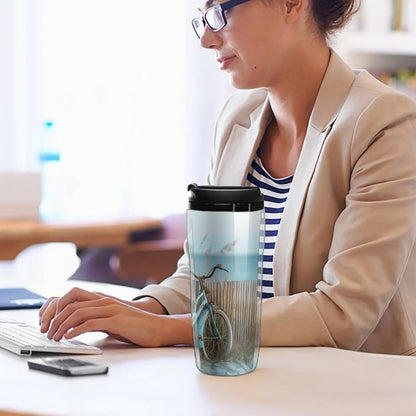 Clear Picture of A Wall with A Window with Flowers And A Bicycle Coffee Mug with Lid Flip Top Double Wall Plastic Coffee Cups Drinks Tumbler 350ml