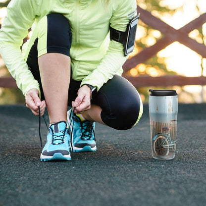 Clear Picture of A Wall with A Window with Flowers And A Bicycle Coffee Mug with Lid Flip Top Double Wall Plastic Coffee Cups Drinks Tumbler 350ml