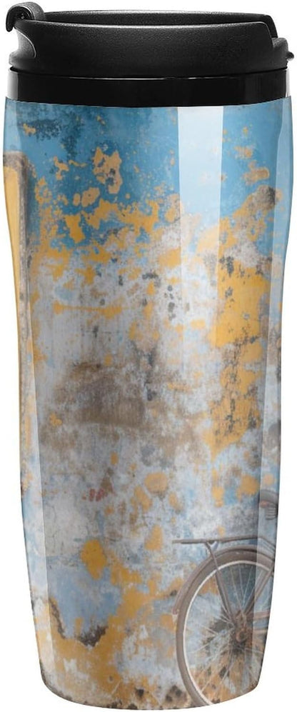 Clear Picture of A Wall with A Window with Flowers And A Bicycle Coffee Mug with Lid Flip Top Double Wall Plastic Coffee Cups Drinks Tumbler 350ml