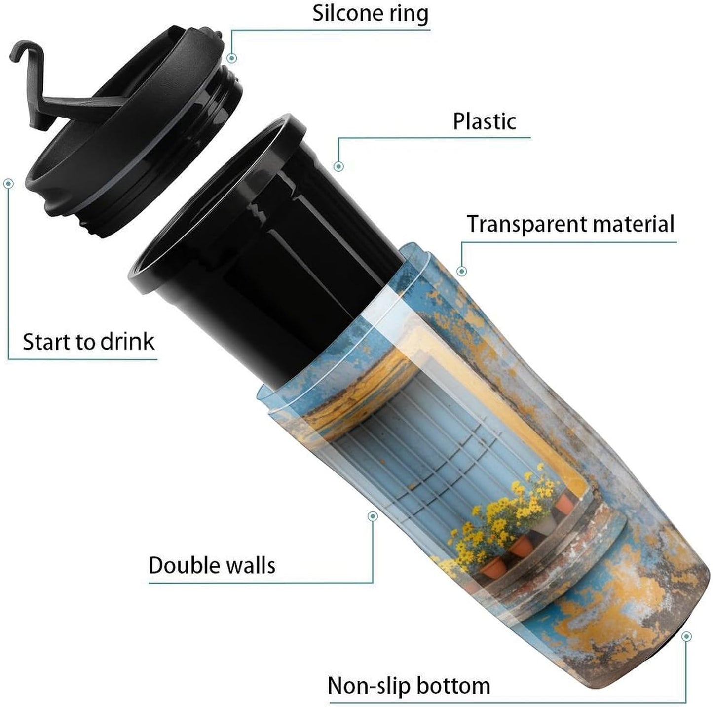 Clear Picture of A Wall with A Window with Flowers And A Bicycle Coffee Mug with Lid Flip Top Double Wall Plastic Coffee Cups Drinks Tumbler 350ml