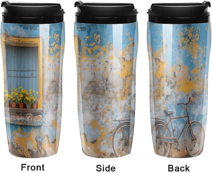 Clear Picture of A Wall with A Window with Flowers And A Bicycle Coffee Mug with Lid Flip Top Double Wall Plastic Coffee Cups Drinks Tumbler 350ml