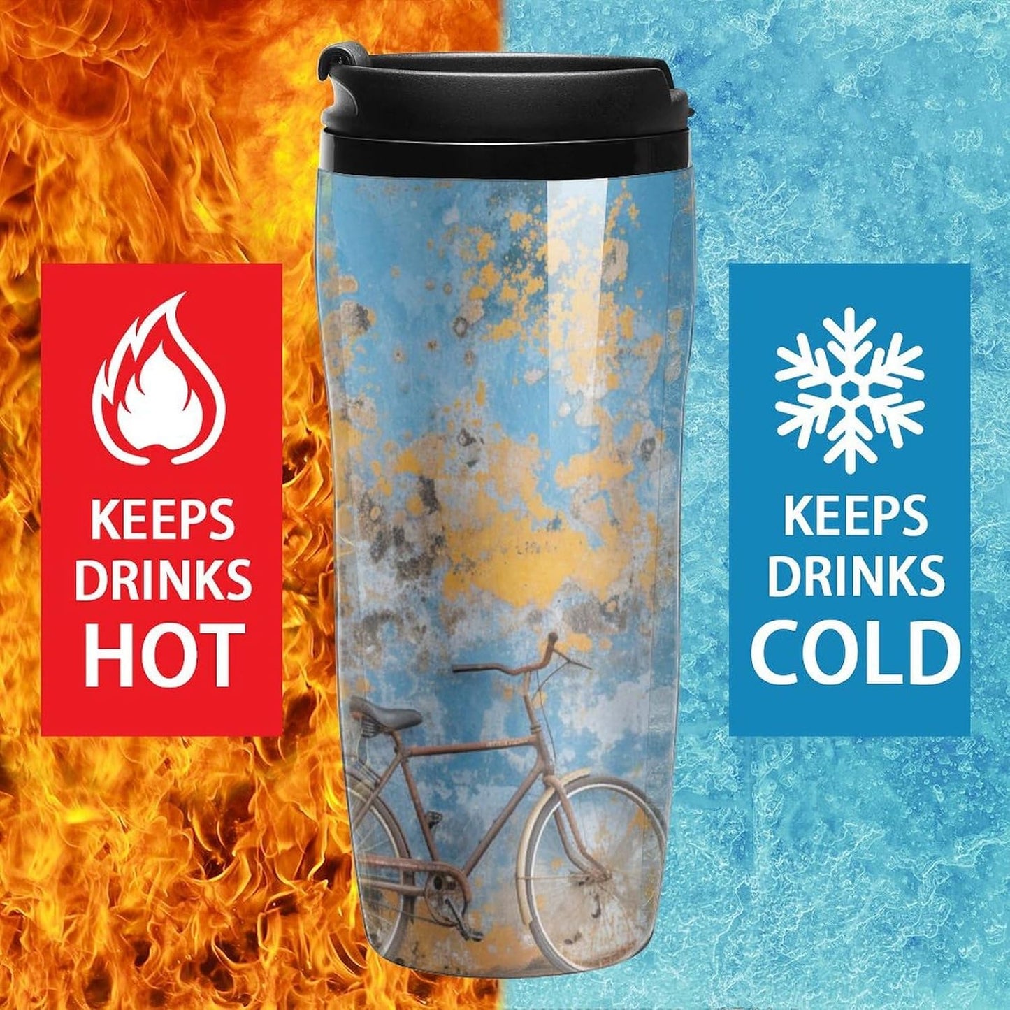 Clear Picture of A Wall with A Window with Flowers And A Bicycle Coffee Mug with Lid Flip Top Double Wall Plastic Coffee Cups Drinks Tumbler 350ml