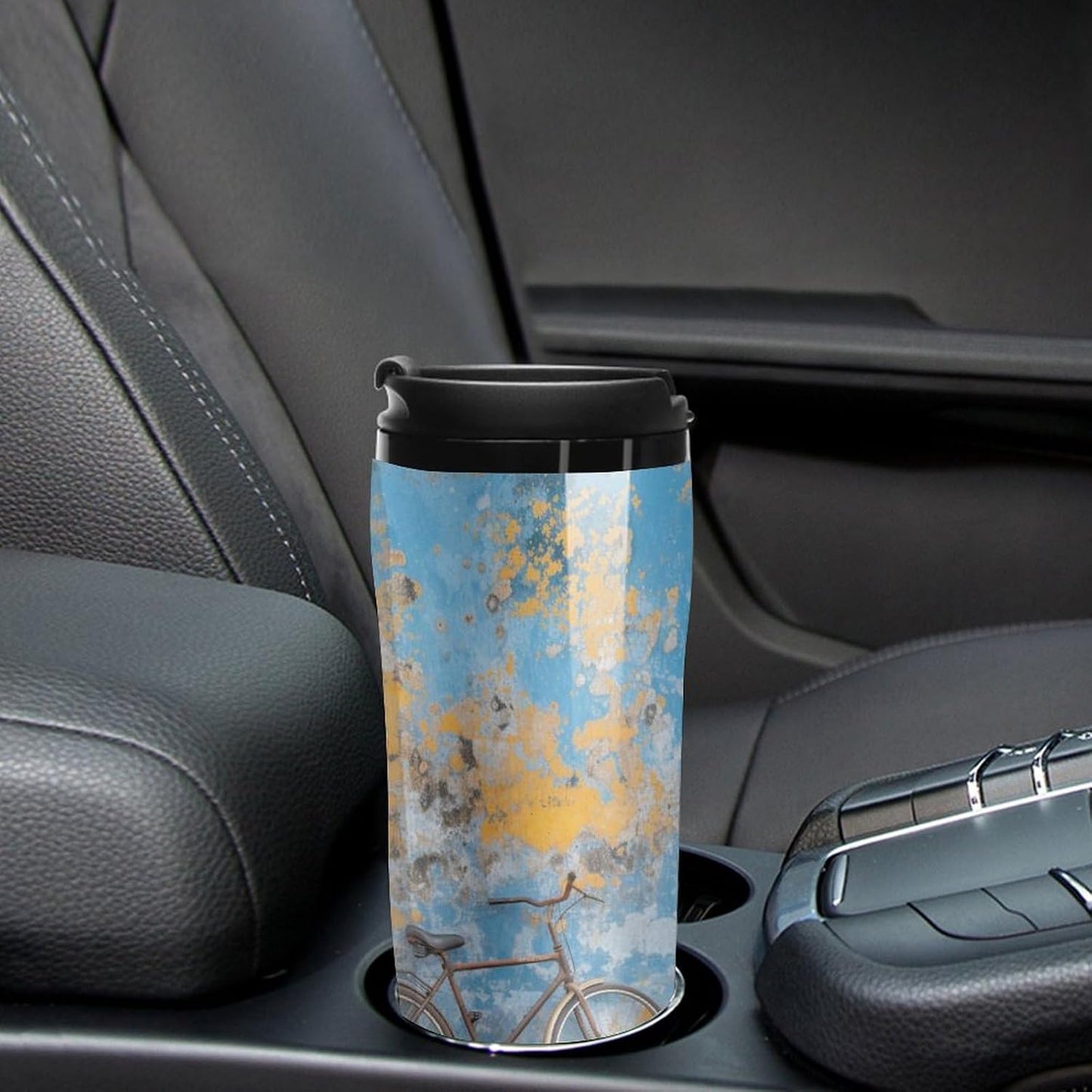Clear Picture of A Wall with A Window with Flowers And A Bicycle Coffee Mug with Lid Flip Top Double Wall Plastic Coffee Cups Drinks Tumbler 350ml