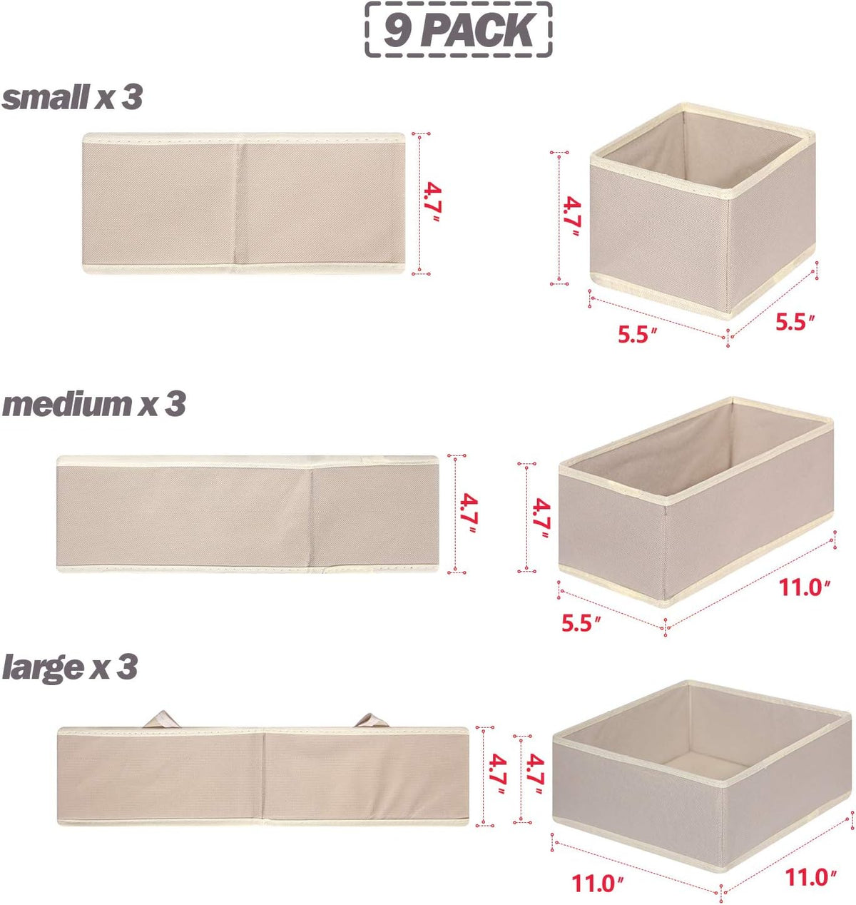 9 Pack Foldable Cloth Storage Box Closet Dresser Drawer Organizer Fabric Baskets Bins Containers Divider for Baby Clothes Underwear Bras Socks Lingerie Clothing,Beige 333
