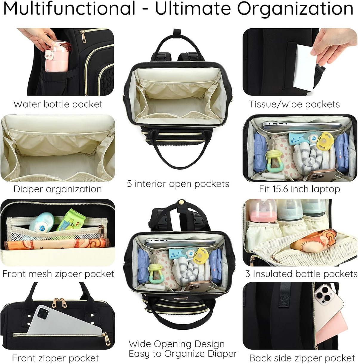 AIJIEKE Large Diaper Bag Backpack, Extra Wide Travel Diaper Bag, Black