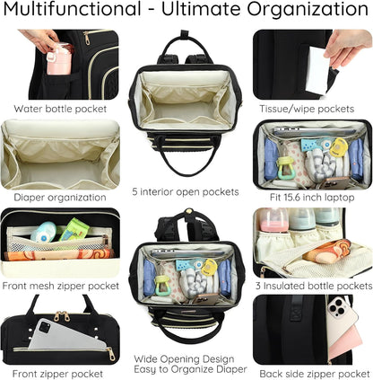 AIJIEKE Large Diaper Bag Backpack, Extra Wide Travel Diaper Bag, Black