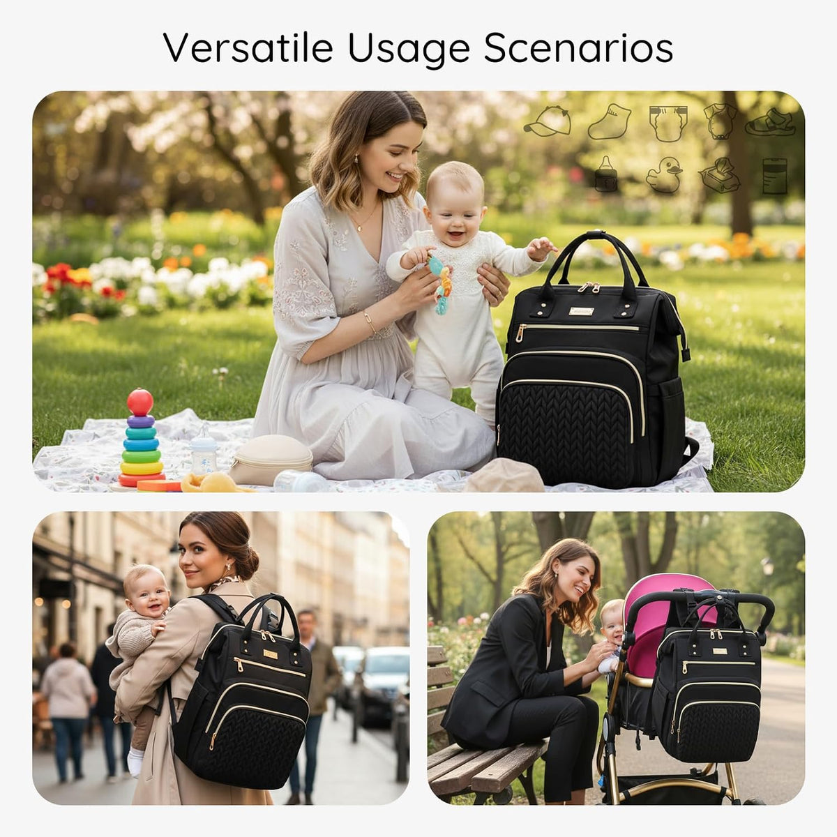 AIJIEKE Large Diaper Bag Backpack, Extra Wide Travel Diaper Bag, Black