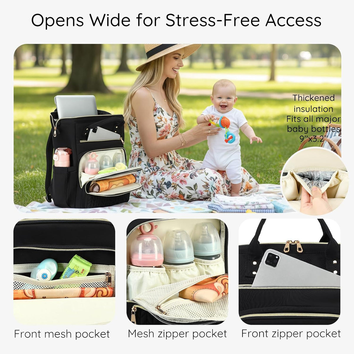 AIJIEKE Large Diaper Bag Backpack, Extra Wide Travel Diaper Bag, Black