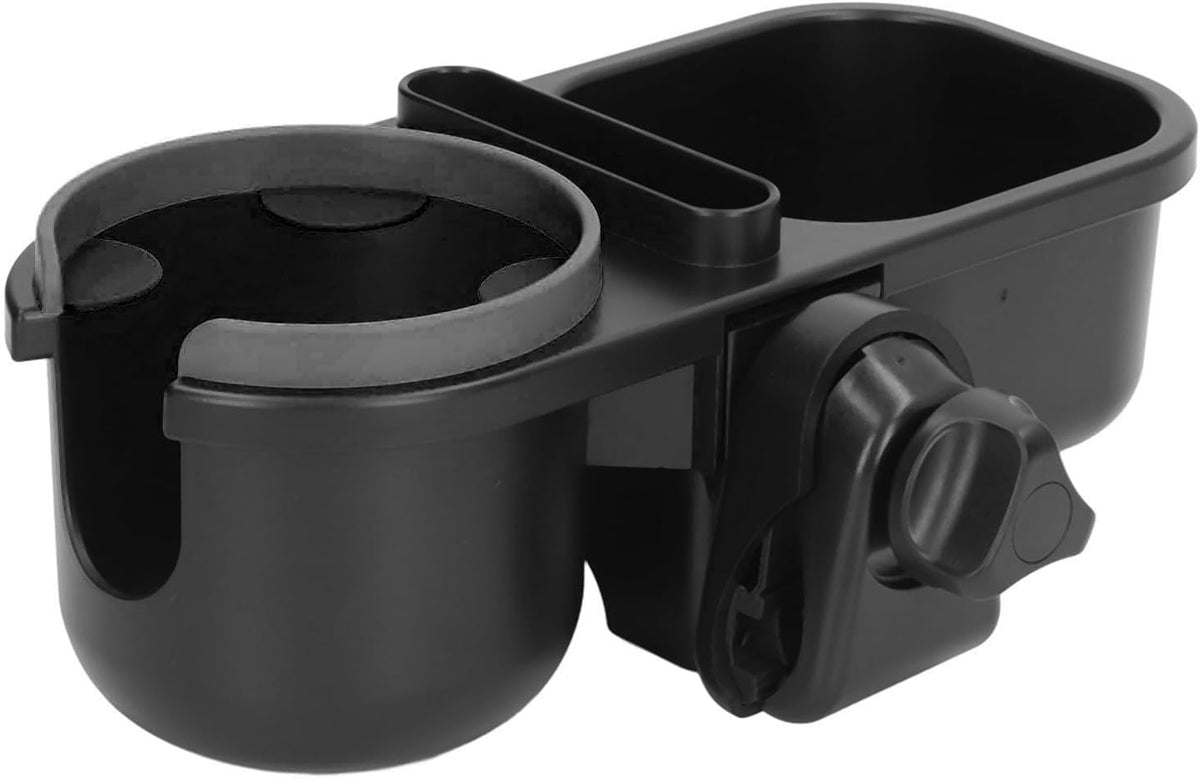 Universal Stroller Cup Holder, with Storage Box and Phone Holder, 360 Degree Rotation, Soft Silicone Leaves, for Stroller, Wheelchair, Treadmill, Shopping Trolley (Black)