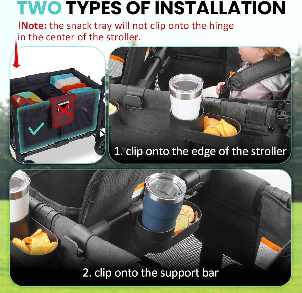Wonderfold Wagon Snack Tray with Spill-Proof Cup Holders - Compatible with WONDERFOLD W2 & 4 Elite (2 & 4 Seats) | Kid Snacks & Drinks Tray, Detachable, Easy Install, Dishwasher Safe