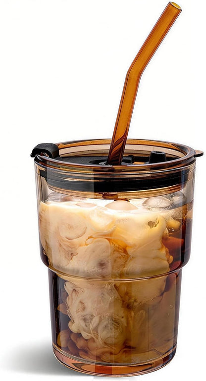 13oz Glass Tumbler with Straw and Lid, Reusable Iced Coffee Cup Tumbler, Cute Glass Cups for Water, Matcha, Travel Coffee Mugs (Cute Cat - 13oz)