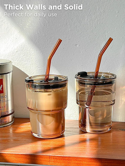13oz Glass Tumbler with Straw and Lid, Reusable Iced Coffee Cup Tumbler, Cute Glass Cups for Water, Matcha, Travel Coffee Mugs (Cute Cat - 13oz)
