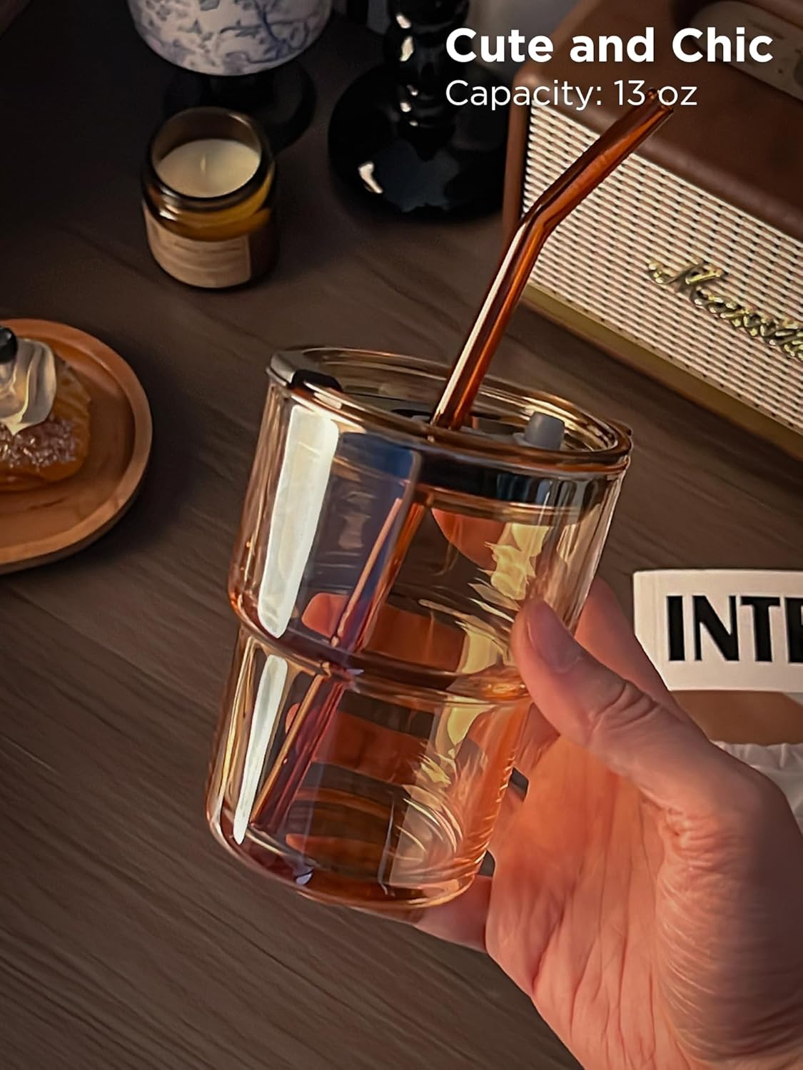 13oz Glass Tumbler with Straw and Lid, Reusable Iced Coffee Cup Tumbler, Cute Glass Cups for Water, Matcha, Travel Coffee Mugs (Cute Cat - 13oz)