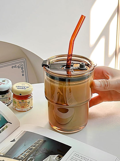 13oz Glass Tumbler with Straw and Lid, Reusable Iced Coffee Cup Tumbler, Cute Glass Cups for Water, Matcha, Travel Coffee Mugs (Cute Cat - 13oz)
