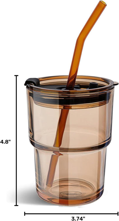 13oz Glass Tumbler with Straw and Lid, Reusable Iced Coffee Cup Tumbler, Cute Glass Cups for Water, Matcha, Travel Coffee Mugs (Cute Cat - 13oz)