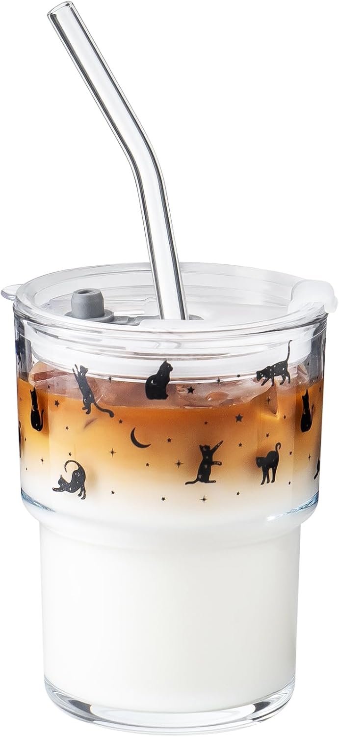 13oz Glass Tumbler with Straw and Lid, Reusable Iced Coffee Cup Tumbler, Cute Glass Cups for Water, Matcha, Travel Coffee Mugs (Cute Cat - 13oz)
