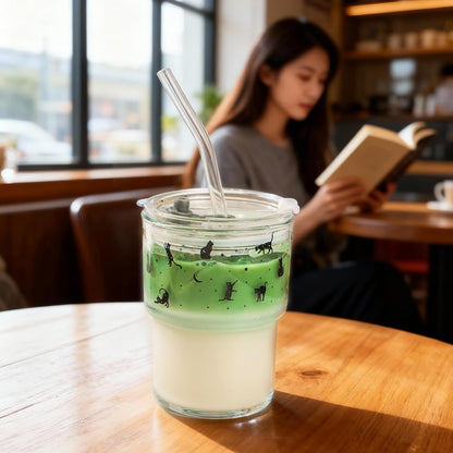 13oz Glass Tumbler with Straw and Lid, Reusable Iced Coffee Cup Tumbler, Cute Glass Cups for Water, Matcha, Travel Coffee Mugs (Cute Cat - 13oz)