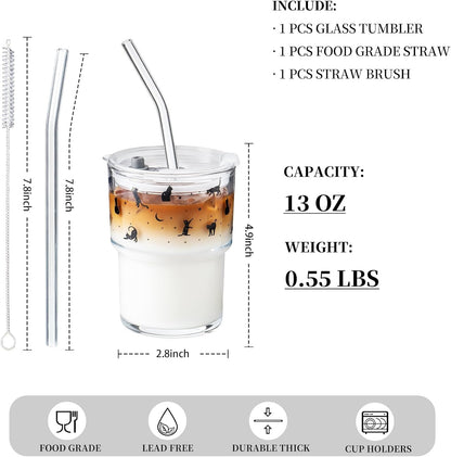 13oz Glass Tumbler with Straw and Lid, Reusable Iced Coffee Cup Tumbler, Cute Glass Cups for Water, Matcha, Travel Coffee Mugs (Cute Cat - 13oz)