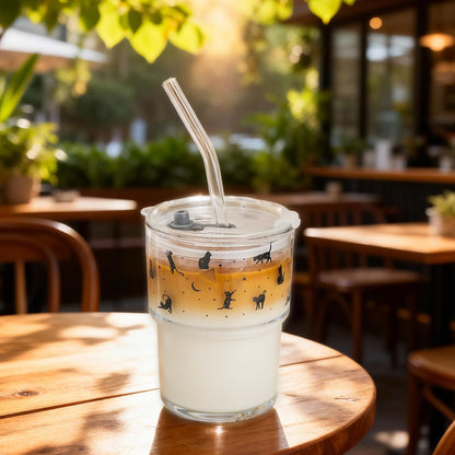 13oz Glass Tumbler with Straw and Lid, Reusable Iced Coffee Cup Tumbler, Cute Glass Cups for Water, Matcha, Travel Coffee Mugs (Cute Cat - 13oz)