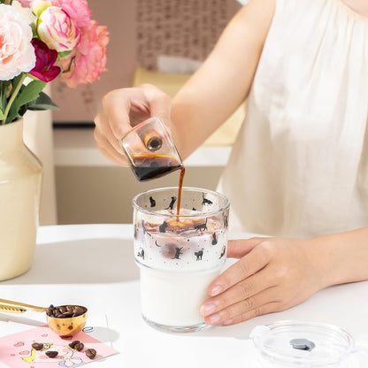 13oz Glass Tumbler with Straw and Lid, Reusable Iced Coffee Cup Tumbler, Cute Glass Cups for Water, Matcha, Travel Coffee Mugs (Cute Cat - 13oz)