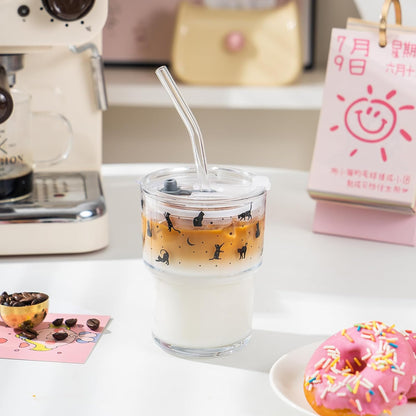 13oz Glass Tumbler with Straw and Lid, Reusable Iced Coffee Cup Tumbler, Cute Glass Cups for Water, Matcha, Travel Coffee Mugs (Cute Cat - 13oz)