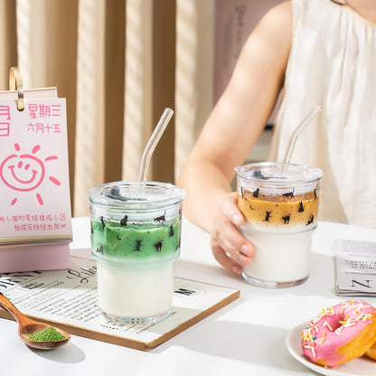 13oz Glass Tumbler with Straw and Lid, Reusable Iced Coffee Cup Tumbler, Cute Glass Cups for Water, Matcha, Travel Coffee Mugs (Cute Cat - 13oz)