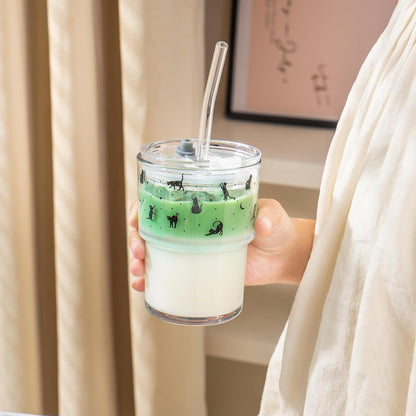 13oz Glass Tumbler with Straw and Lid, Reusable Iced Coffee Cup Tumbler, Cute Glass Cups for Water, Matcha, Travel Coffee Mugs (Cute Cat - 13oz)