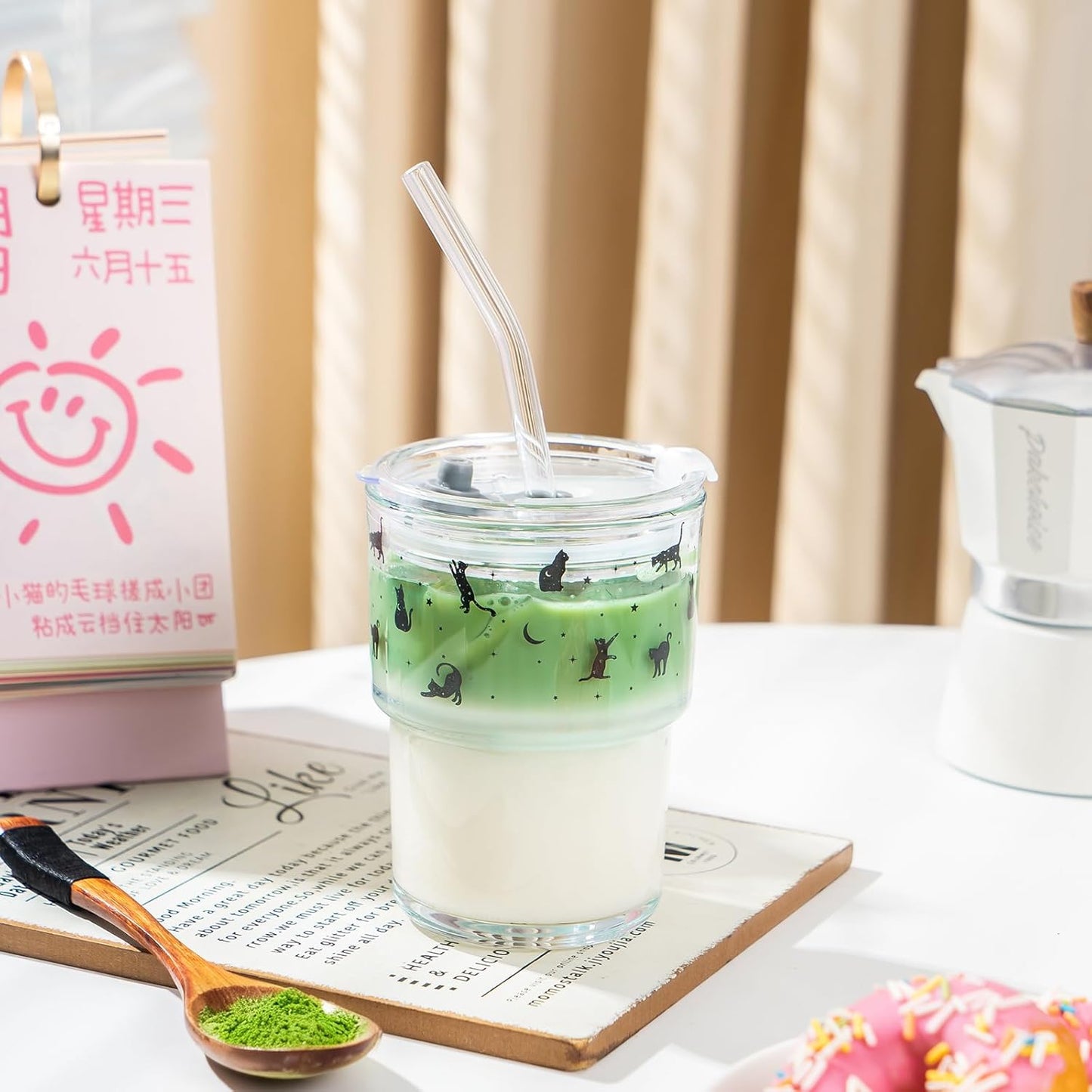 13oz Glass Tumbler with Straw and Lid, Reusable Iced Coffee Cup Tumbler, Cute Glass Cups for Water, Matcha, Travel Coffee Mugs (Cute Cat - 13oz)