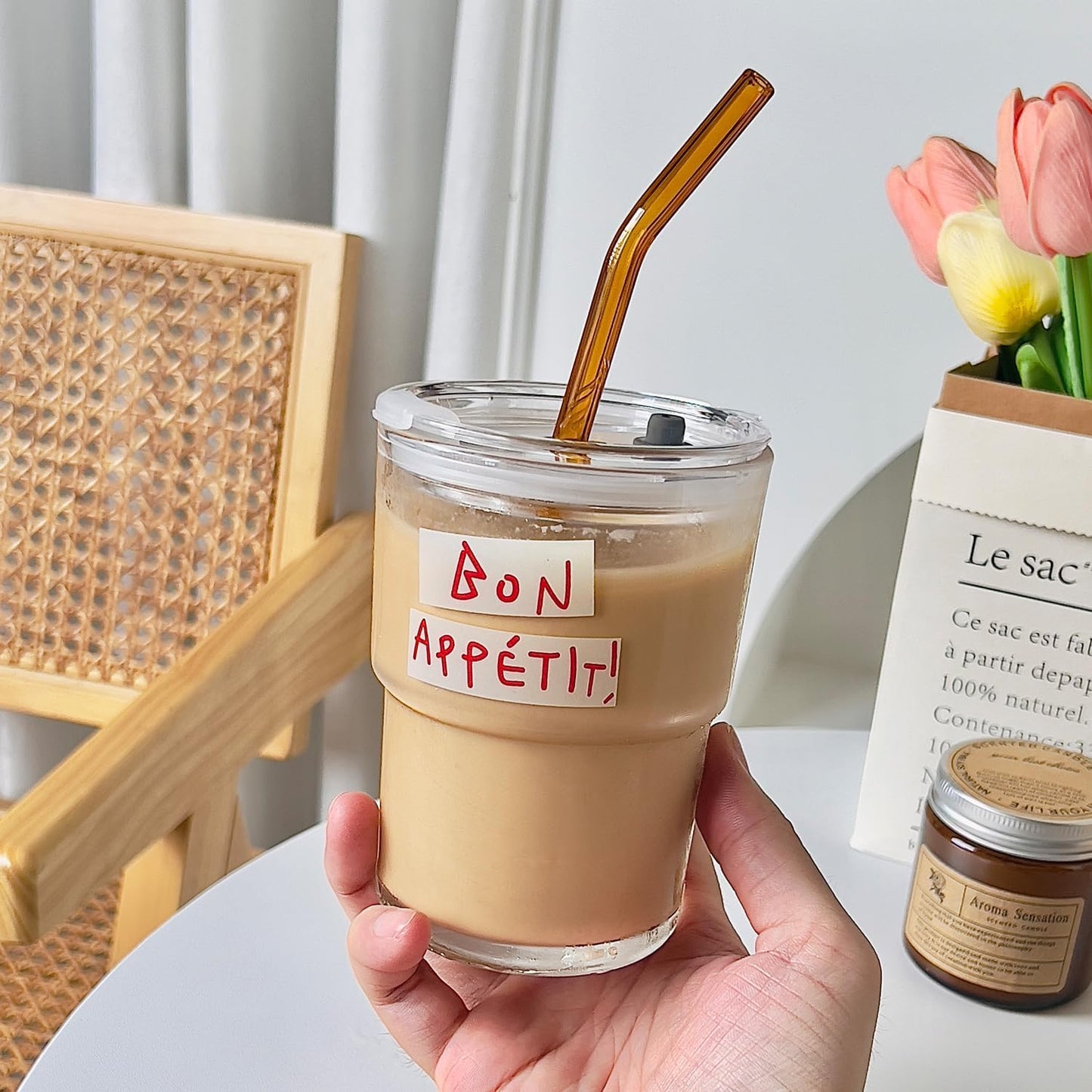 13oz Glass Tumbler with Straw and Lid, Reusable Iced Coffee Cup Tumbler, Cute Glass Cups for Water, Matcha, Travel Coffee Mugs (Cute Cat - 13oz)