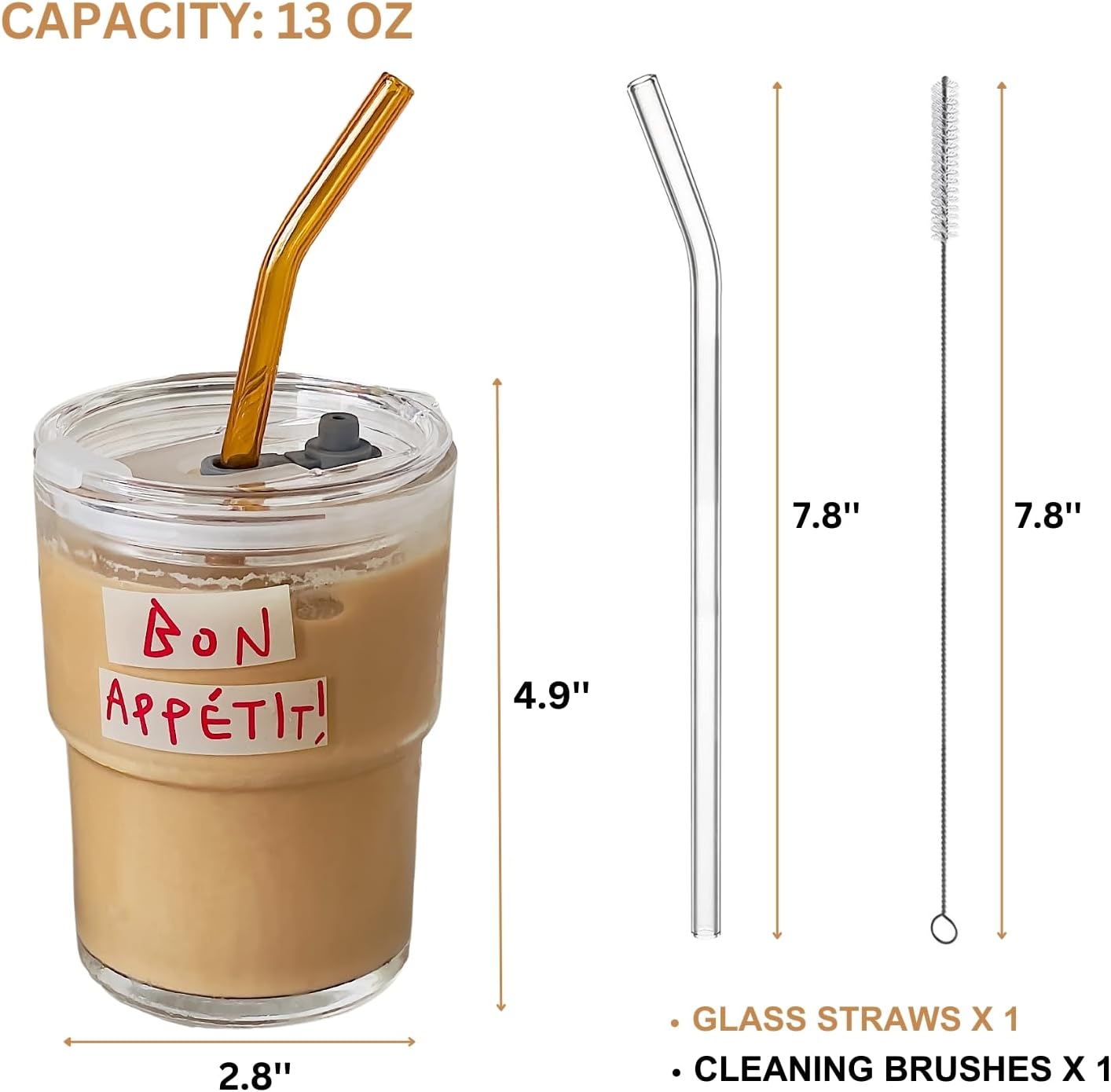 13oz Glass Tumbler with Straw and Lid, Reusable Iced Coffee Cup Tumbler, Cute Glass Cups for Water, Matcha, Travel Coffee Mugs (Cute Cat - 13oz)