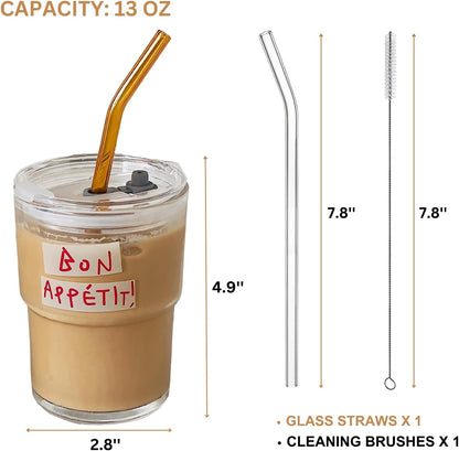 13oz Glass Tumbler with Straw and Lid, Reusable Iced Coffee Cup Tumbler, Cute Glass Cups for Water, Matcha, Travel Coffee Mugs (Cute Cat - 13oz)