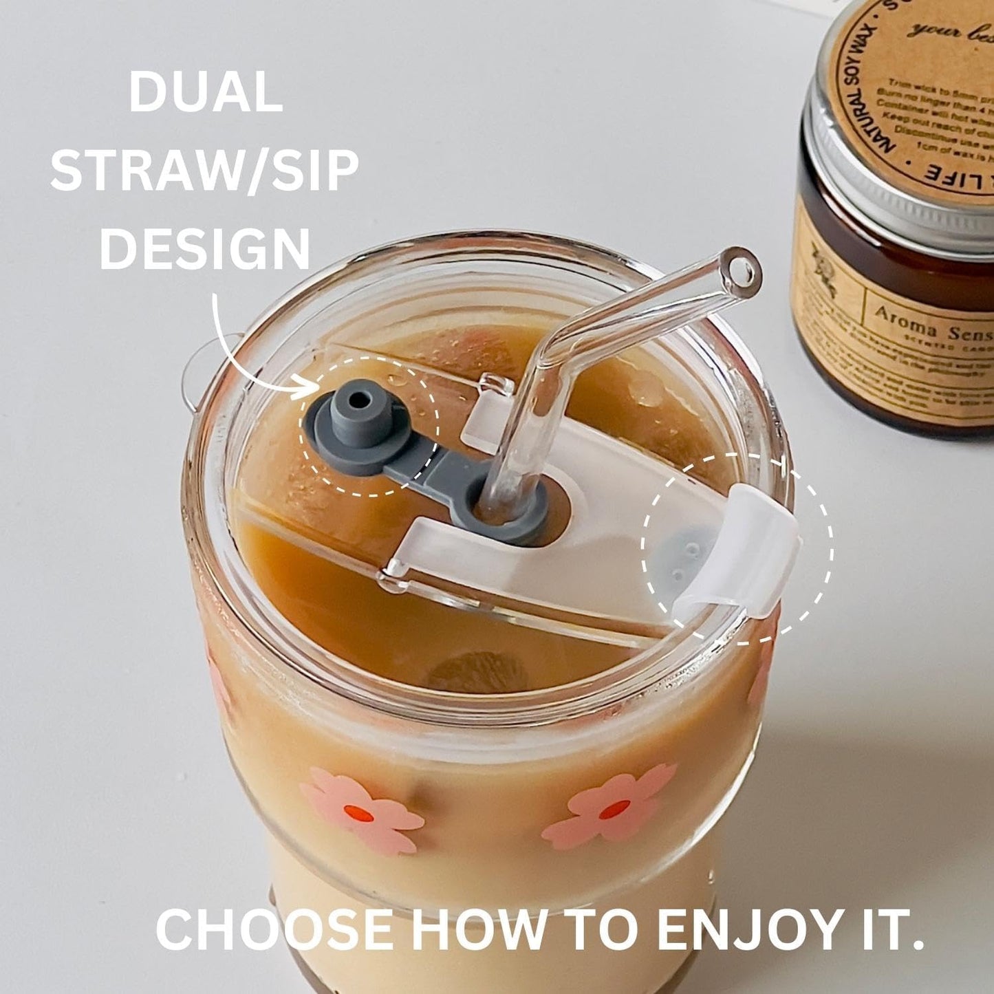 13oz Glass Tumbler with Straw and Lid, Reusable Iced Coffee Cup Tumbler, Cute Glass Cups for Water, Matcha, Travel Coffee Mugs (Cute Cat - 13oz)