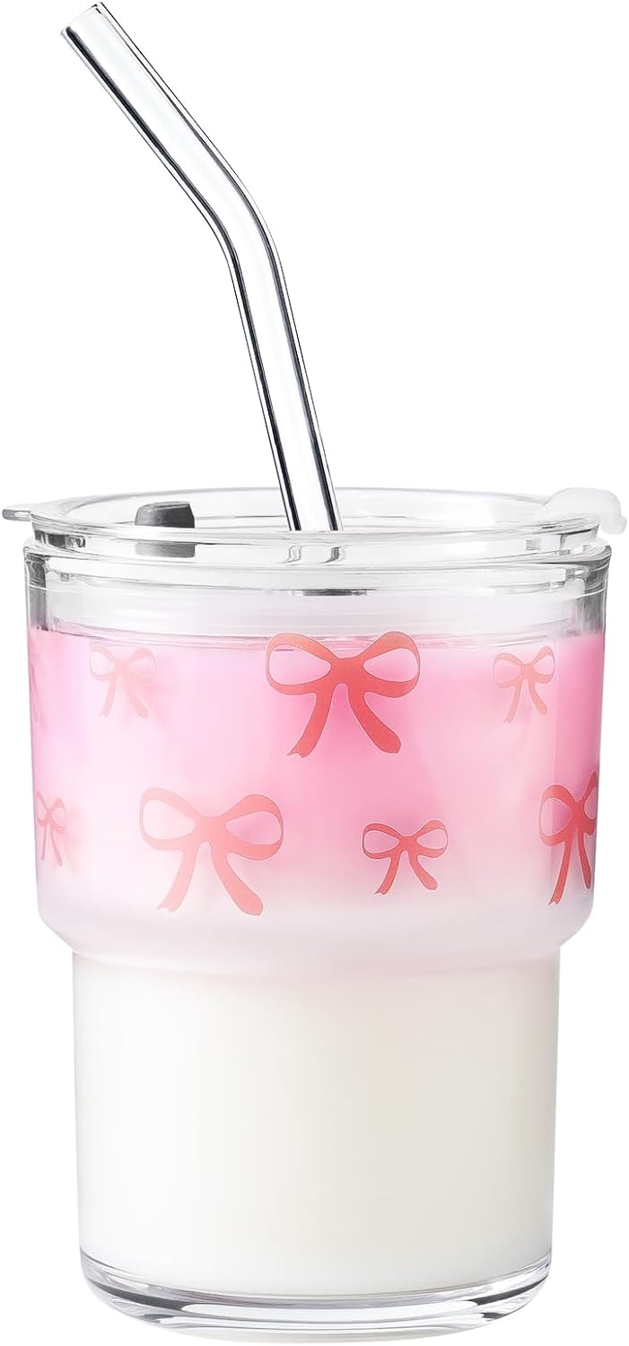 13oz Glass Tumbler with Straw and Lid, Reusable Iced Coffee Cup Tumbler, Cute Glass Cups for Water, Matcha, Travel Coffee Mugs (Cute Cat - 13oz)