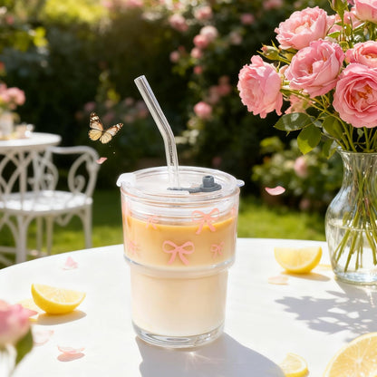 13oz Glass Tumbler with Straw and Lid, Reusable Iced Coffee Cup Tumbler, Cute Glass Cups for Water, Matcha, Travel Coffee Mugs (Cute Cat - 13oz)